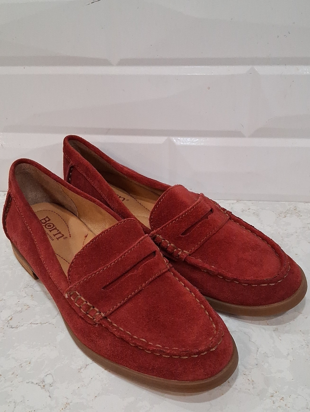 Born Marlina Red Suede Penny Loafers Size 6.5